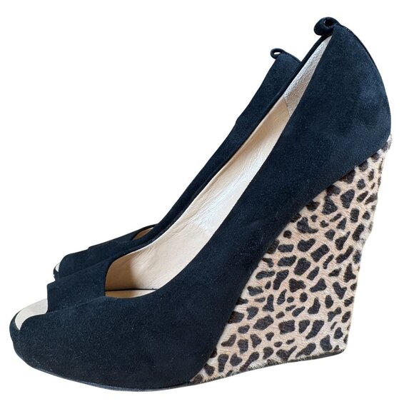 Giuseppe Zanotti Peep Toe Calf Hair Leopard Print Wedge Shoes Heels Size 39 - Picture 2 of 8